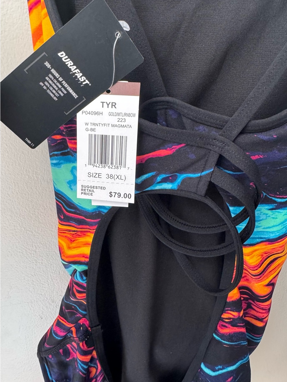 TYR Black One-Piece Swimsuit with Multicolor Magma Wave Print